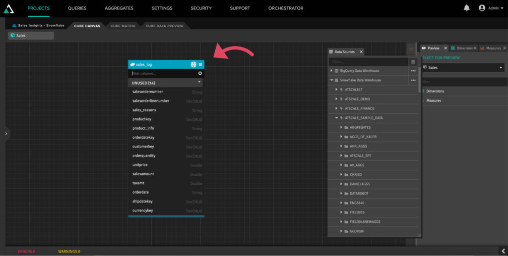 Cube Canvas Showing Raw Data Fields