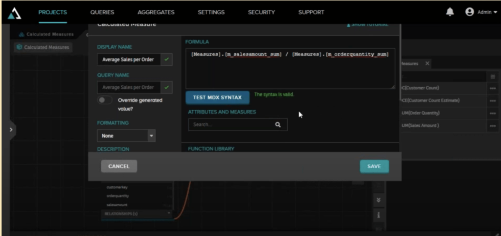 First Calculated Measure (AOV) Formula in Calculated Measure Creation Window