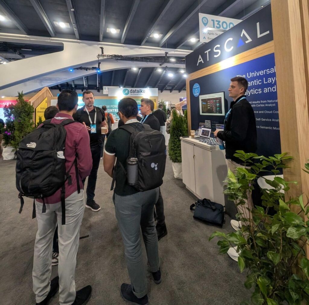 AtScale CTO Dave Mariani stands with members of the Snowflake Cortex team and Josh Klahr at Snowflake Summit 2025, highlighting collaboration on semantic layers and AI innovation.