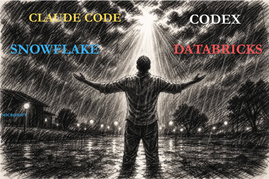 Charcoal sketch of a person standing in floodwater with arms outstretched as light breaks through storm clouds overhead, surrounded by the labels Claude Code, Codex, Snowflake, Databricks, and Microsoft—evoking a prison-break escape from vendor lock-in.